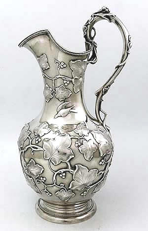 Eoff & Shepard American coin silver pitcher with birds and leaves retailed by Ball Black of New York